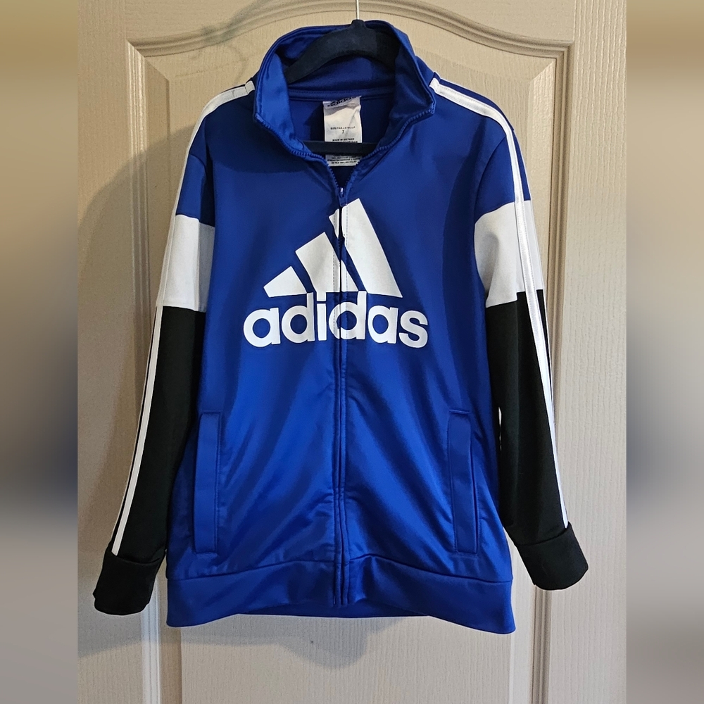Kids Adidas Zip Up Sports Warm Up Sweater Jacket Size 7 Blue And Black
